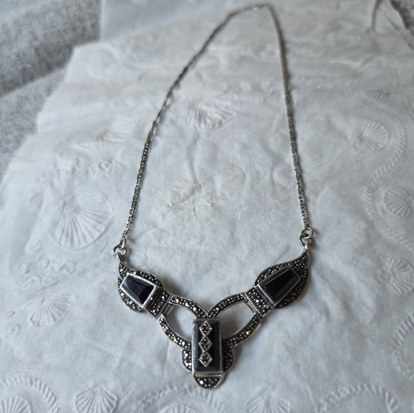 Post 1940's Vintage onyx & marcasite necklace art deco 925. A REAL BEAUTY! - Picture 10 of 13